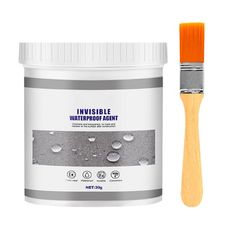 an orange paint brush next to a white container with water drops on it and the words, jaysung invisible waterproof agent