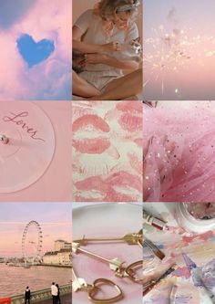 a collage of photos with pink and blue colors, including the words love written on them