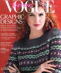 a woman with red hair is on the cover of a knitting magazine, wearing a sweater