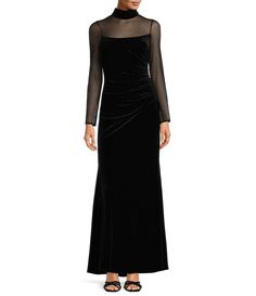 Eliza J Mock Neck Mesh Stretch Velvet Side Ruched Long Illusion Sleeve Keyhole Back Gown | Dillard's Black Velvet Formal Dress, Motb Dress, Velvet Long Dress, Velvet Formal Dress, Winter Gowns, Illusion Sleeves, Velvet Evening Dress, Formal Wedding Guest Dress, Velvet Dress Long