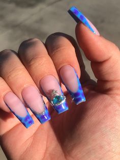 Planet Nail Charms On Nails, Blue Crocodile Nails, Alligator Print Nails, Lagoon Nails, Planet Nails, Makeup Nails Designs, Colored Acrylic Nails, Clear Tape