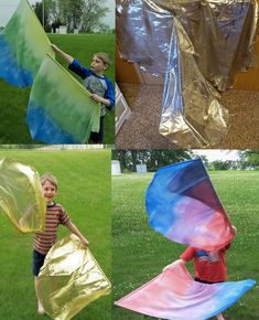 there are four pictures of different kites in the same photo, each with a child holding one