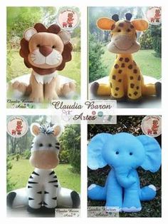 four different stuffed animals are shown in the same color and size, including an elephant, giraffe, zebra, and lion