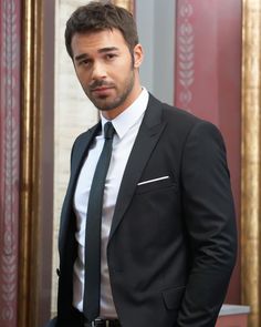 a man wearing a suit and tie standing in front of a wall with gold trimmings