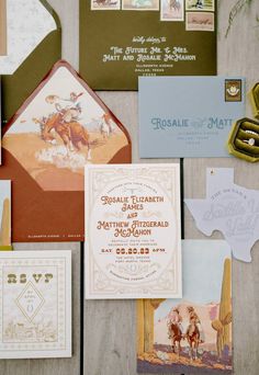 an assortment of wedding stationery items including cards, envelopes, and other things