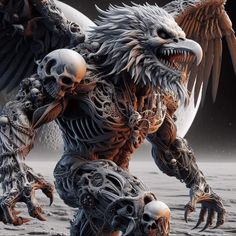 an alien creature with wings and skulls on the ground in front of a full moon