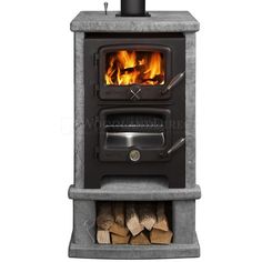 an image of a stove with firewood in it's front and back sides