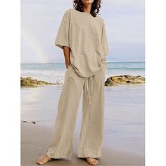 Season:Summer,Spring; Fabric:Cotton And Linen; Sleeve Length:Half Sleeve,Long Sleeve; Gender:Women's; Nightwear Style:Loungewear,Sets; Style:Basic; Elasticity:Micro-elastic; Tops Type:T shirt; Occasion:Street,Daily; Function:Breathable; Pattern:Pure Color; Design:Pocket,Elastic Waist; Neckline:Crew Neck; Bottom Type:Pant; Listing Date:04/26/2024; Hips:; Length [Bottom]:; Length [Top]:; Waist:; Bust:; Sleeve Length: Womens Loungewear Sets, Style Désinvolte Chic, Wide Leg Pant Suit, Style Casual Chic, Casual Belt, Spring Fabric, Style Basic, Wide Leg Linen Pants, Pantalon Large