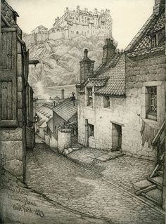 a drawing of an alley leading to a castle