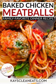 baked chicken meatballs with spaghetti and tomato sauce