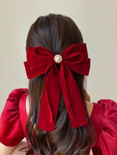 Red  Collar  Polyester   Embellished   Women Accessories Fancy Bows, Large Hair Bows, Pearl Hair Pins, Bow Hair Accessories, Hair Clips Girls, Big Bow, Velvet Bow, Bow Hair