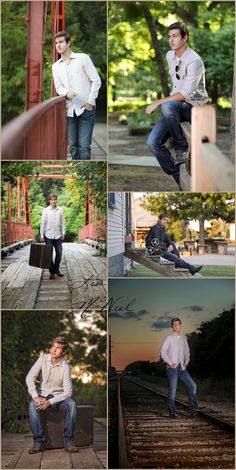 a collage of photos with men in white shirts, jeans and ties standing on train tracks