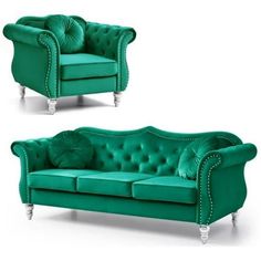 two green couches sitting next to each other