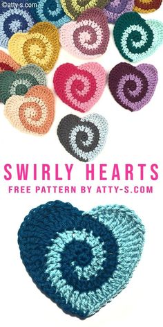 crocheted heart with the words swirly hearts written in it and an image of several