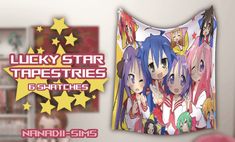 an advertisement for lucky star tapestries featuring anime characters and stars on the wall