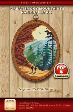 the cross stitch pattern for great smoky mountains national park is shown on a wooden background