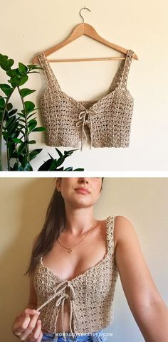 These trendy crochet top patterns are easy to make, so they're perfect for beginners. You'll enjoy wearing your handmade top to summer festivals, the beach, and more. This light crochet shell top is a throwback to the '90s. It ties in the front to ensure that your bra is completely covered. Cheap Crochet Cami Top For Beach, Crochet Front Tie Top, Handmade Crochet Top For Beachwear, Crochet Cami Tank Top For Beach, Shell Top Crochet, Beach Crochet Cami Top, Shell Tops, Crochet Summer Tops, Front Tie Top