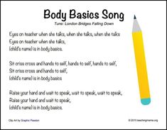 a yellow pencil with the words body basics song written in black and white on it