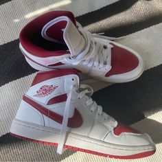 Great Pair Of Sneakers Red And White Shoes, Jordan Ones, Nike Air Jordan Retro, Air Jordan Retro, Sneaker Games, Nike Shoes Women, Jordan Retro, White Shoes, Nike Air Jordan