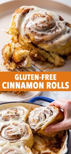 cinnamon rolls on a plate with the text gluten - free cinnamon rolls over them