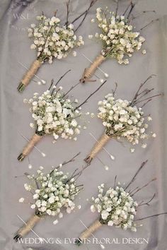 the wedding bouquets are laid out on top of each other, and ready to be placed