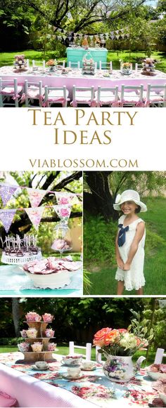 an outdoor tea party with pink and blue decorations, flowers and desserts on the table