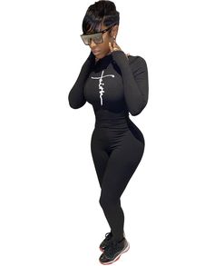 Letter Print Turtleneck Long Sleeve Fitness Jumpsuit Casual Stretch Bodysuit With Letter Print, Casual Fitted Bodysuit With Letter Print, Fitted Casual Bodysuit With Letter Print, Spring Fitted Bodysuit With Letter Print, Spring Letter Print Fitted Bodysuit, Fitness Jumpsuit, Turtleneck Long Sleeve, 1 Million, Letter Print