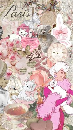 a collage of pink and white images with flowers, hearts, teddy bears, teacups and other items