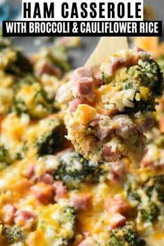 ham casserole with broccoli and cauliflower rice on a wooden spoon