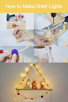 how to make shelf lights with string lights and pegs - step by step instructions