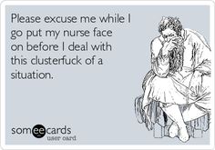 a woman sitting on top of a chair next to a sign that says, please because me while i go put my nurse face on before i deal with this cluster