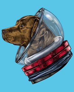 a drawing of a dog in a space suit with his head inside a glass dome