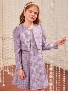 Lavanda Casual Collar Manga Comprida Tweed Xadrez Regular Embellished Não elástico  Roupa Meninas Tweed Two Piece, Tweed Fashion, Tweed Overcoat, Sibling Outfits, Simple Pakistani Dresses