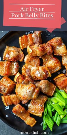 air fryer pork belly bites on a plate with green beans