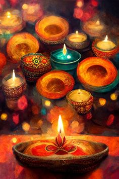 an oil painting of candles in a bowl with lights on the ground behind it,