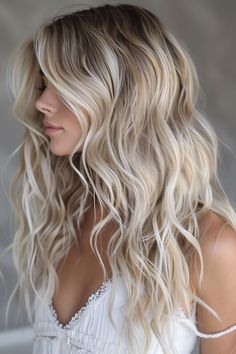 47+ Icy Blonde Balayage Hair Ideas Lots Of Highlights Blonde, Long Hair Blonde Layers, Beach Blonde Hair Dark Roots, Long Layered Beach Waves Haircuts, Summer Beach Blonde Hair, Summer 2024 Hair Color Trends Blonde, Icy Blonde With Lowlights, Summer Blonde Hair Balayage, Highlights With Balayage