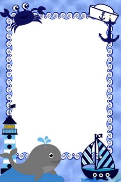 a blue and white photo frame with an elephant, whale, lighthouse and ship