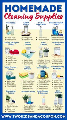 a poster with the words homemade cleaning supplies on it and pictures of various items in them