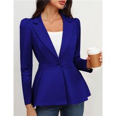 95%Polyester, 5%Spandex, Soft, Stretchable And Breathable Fabric. The Jackets Is Comfortable To Wear. No Liner, No Shoulder Pads. A Perfect Basic Blazer Jacket For Work Causal Long Sleeves, Shoulder Puff, Peplum Style, Open Front With A Single Front Button, Solid Color/ Plain. The Shoulder Puffs And Cinched Waist Are Flattering, And Allow You For A More Fitted Look. Superb Quality And Style Can Brings Out All Femininity In You This Fitted Blazers Can Create A Elegant And Formal Look.It Is Perfec Fitted Solid Color Blazer For Winter, Fitted Solid Color Outerwear For Work, Chic Stretch Blue Outerwear, Blue Solid Color Blazer For Office, Blue Solid Color Blazer For Work, Blue Office Blazer Solid Color, Blue Office Blazer With Solid Color, Blue Solid Color Blazer For Spring, Blue Solid Color Office Blazer