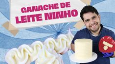 a man is holding a cake in front of him with the words ganache de lette ninho on it