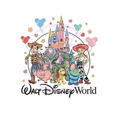 the disney world logo with some characters in front of it and hearts floating above them