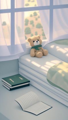 a teddy bear sitting on top of a bed next to a book and a window