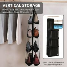 the vertical storage rack holds several pairs of shoes and purses, as well as two hanging bags