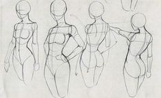 a drawing of three female body shapes in various positions, one standing and the other sitting