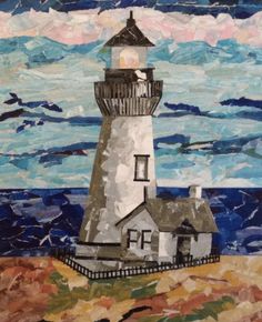 a painting of a lighthouse on the beach