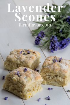 lavender scones on a wooden table with flowers