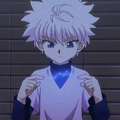 an anime character with white hair and blue eyes holding his hands up in front of him