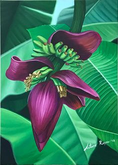 a painting of purple flowers and green leaves