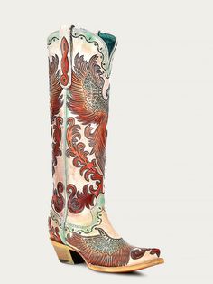 A4516 - WOMEN'S HAND PAINTED AND TOOLED FIRE PHOENIX WHITE TALL TOP SN Luxury Hand Tooled Snip Toe Boots, Oatterned Heel Tall Boots, Luxury Hand Tooled Leather Cowboy Boots, Luxury Hand Tooled Brown Boots, Womens Cowgirl Boots Sunflower, Luxury Hand Tooled Boots For Ranch, Luxury Fitted Hand Tooled Boots, Luxury Hand Tooled Cowboy Boots For Ranch, Corral Shoe Boots