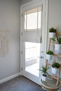 a white door with some plants on it